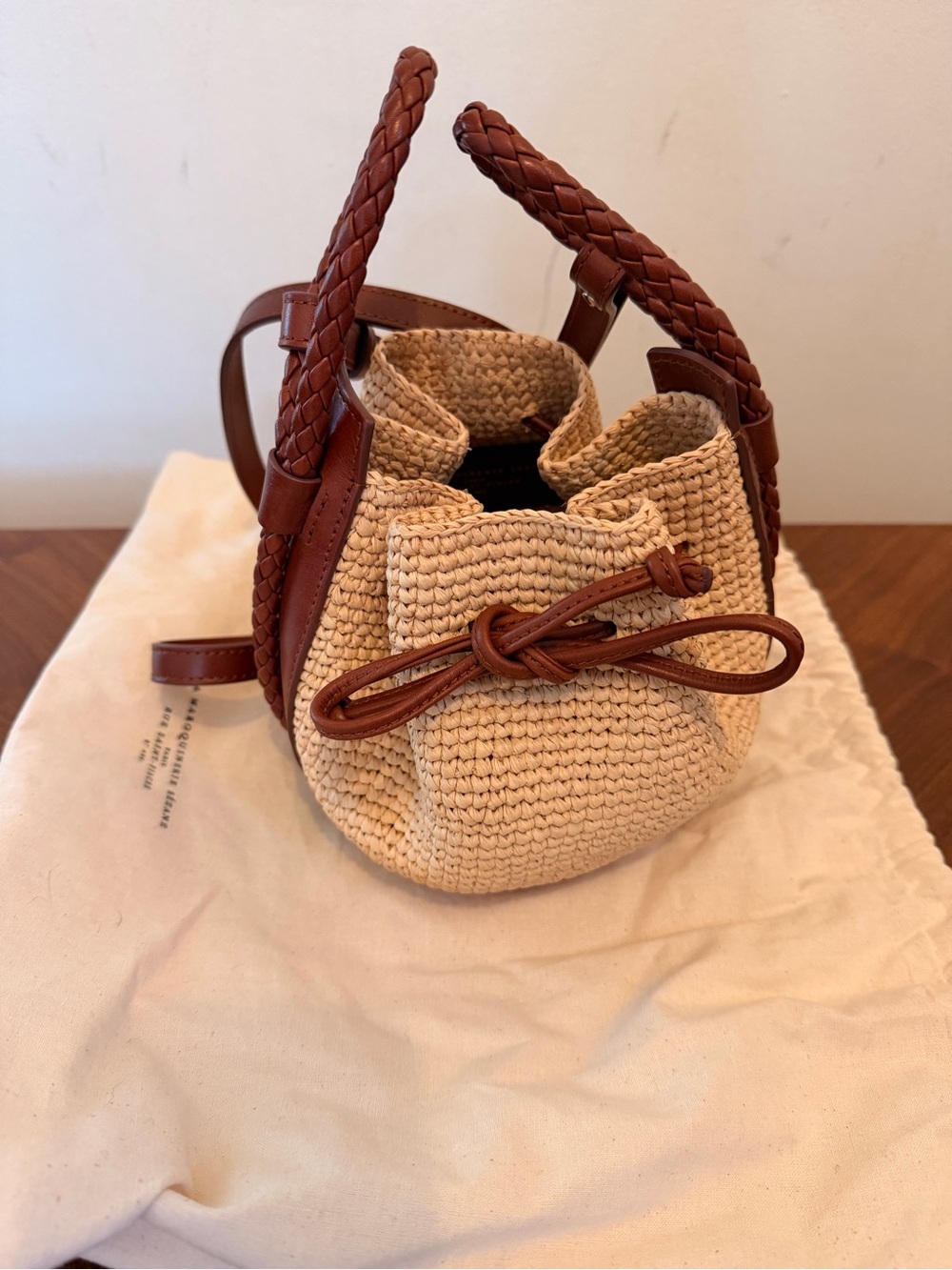 Sezane Woven Bucket Bag with Brown Leather Trim and removable strap - Picture 2 of 3